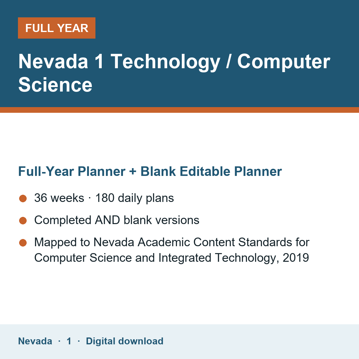 Cover of the Nevada Grade 1 Technology / Computer Science full-year teacher planner