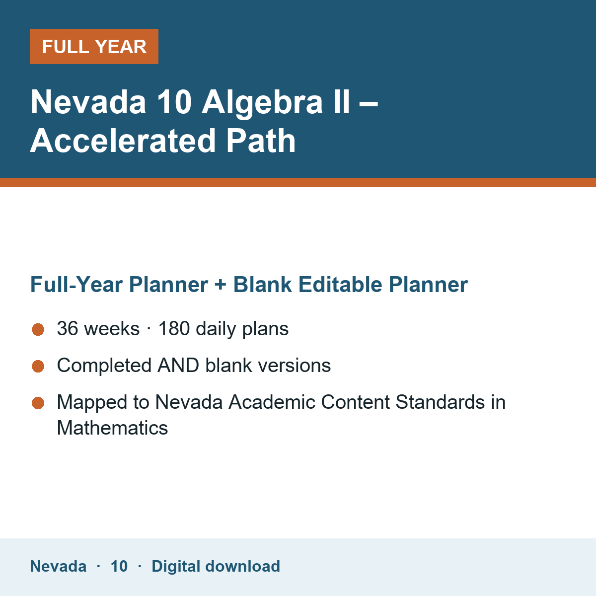 Cover of the Nevada Grade 10 Algebra II – Accelerated Path full-year teacher planner