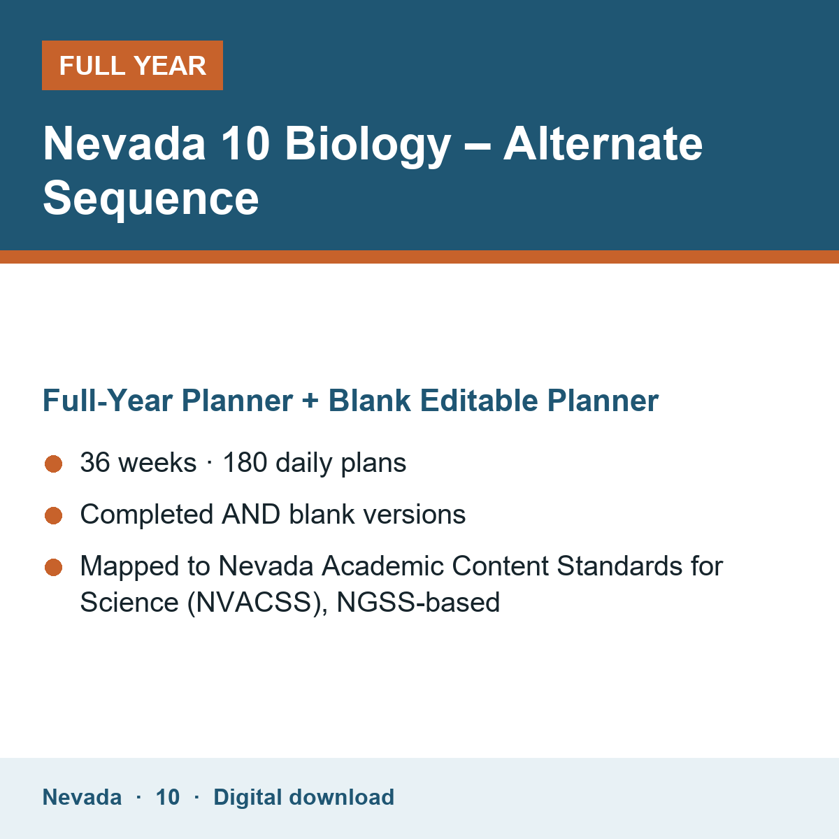 Cover of the Nevada Grade 10 Biology – Alternate Sequence full-year teacher planner