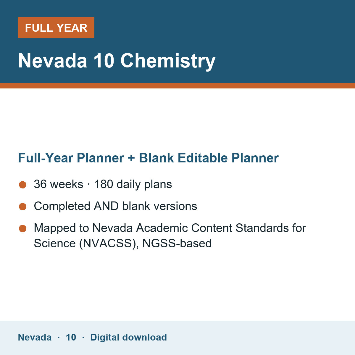Cover of the Nevada Grade 10 Chemistry full-year teacher planner