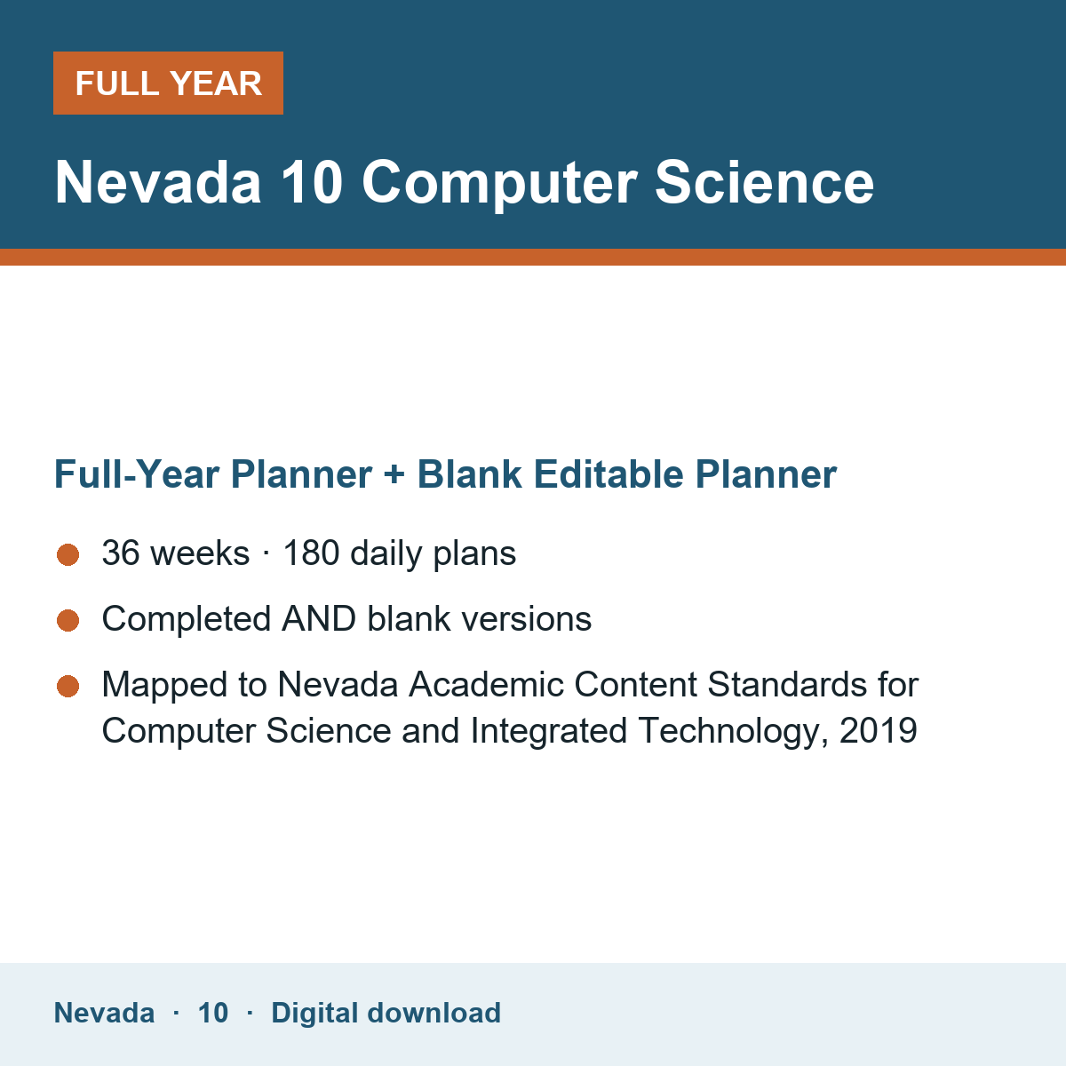 Cover of the Nevada Grade 10 Computer Science full-year teacher planner