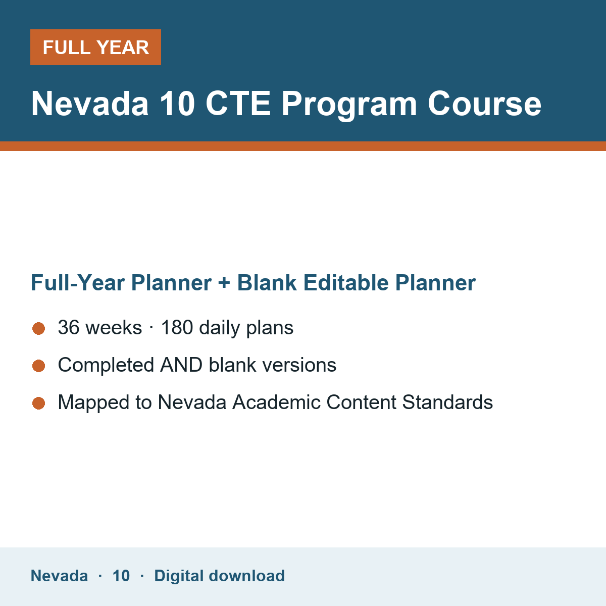 Cover of the Nevada Grade 10 CTE Program Course full-year teacher planner