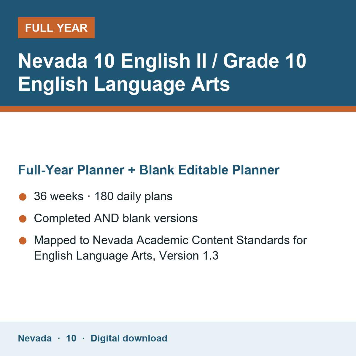 Cover of the Nevada Grade 10 English II / Grade 10 English Language Arts full-year teacher planner