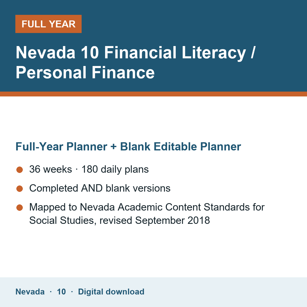 Cover of the Nevada Grade 10 Financial Literacy / Personal Finance full-year teacher planner
