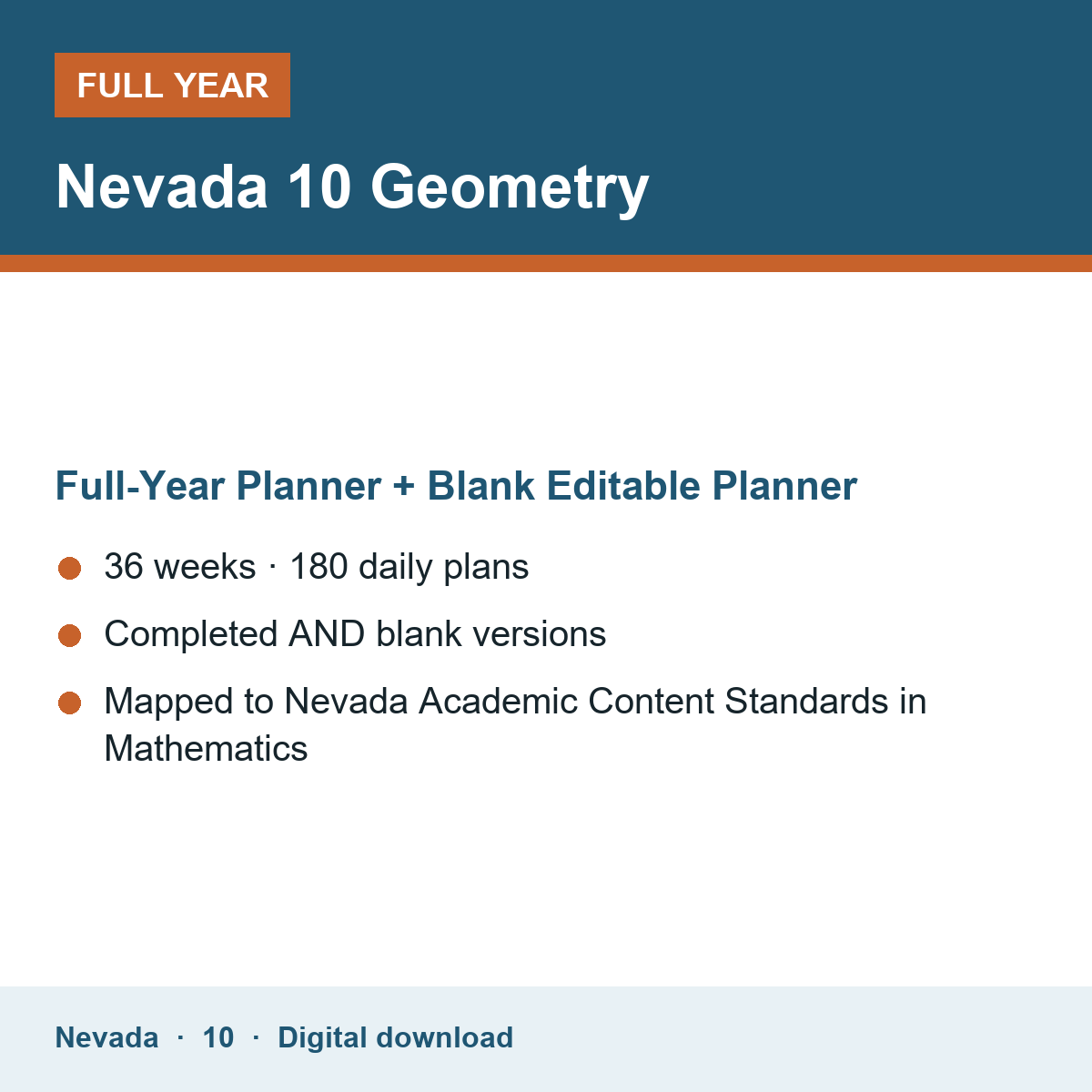 Cover of the Nevada Grade 10 Geometry full-year teacher planner