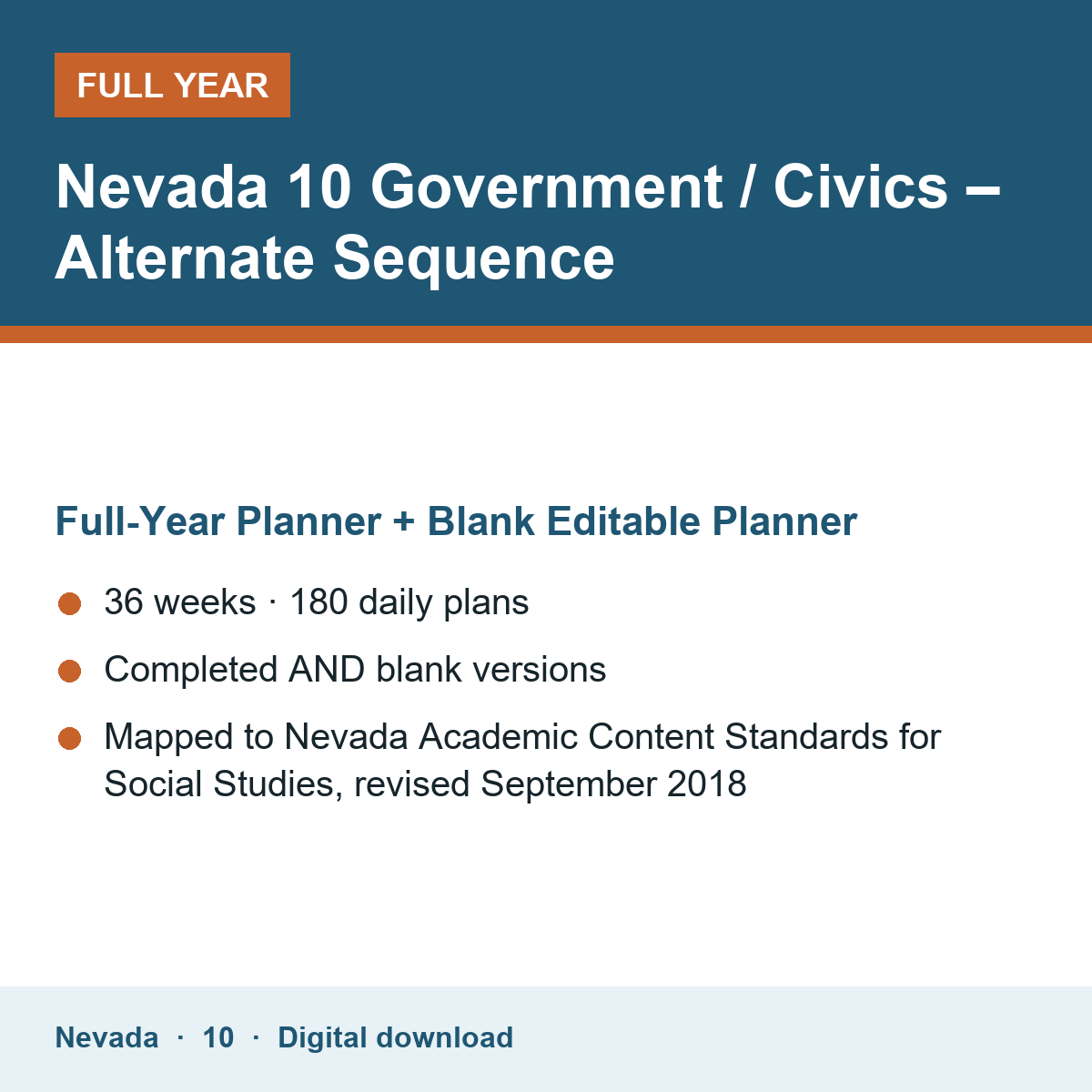Cover of the Nevada Grade 10 Government / Civics – Alternate Sequence full-year teacher planner