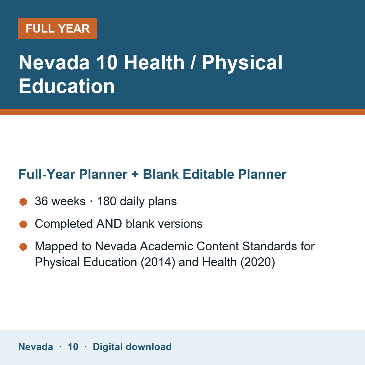 Cover of the Nevada Grade 10 Health / Physical Education full-year teacher planner