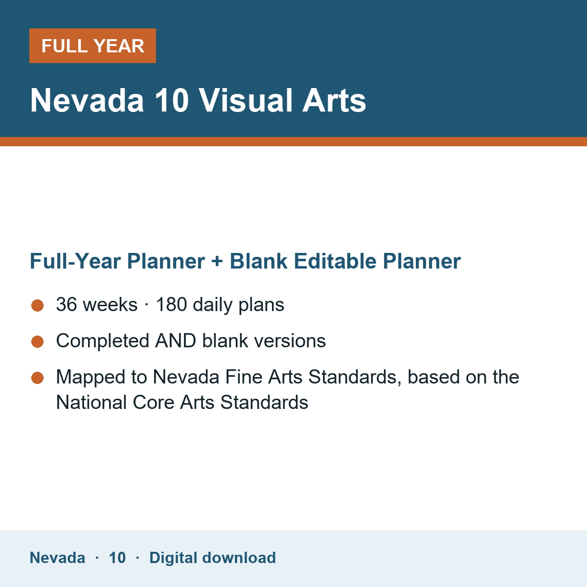 Cover of the Nevada Grade 10 Visual Arts full-year teacher planner