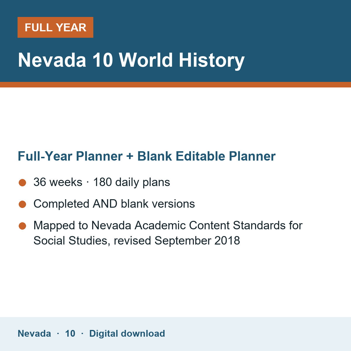Cover of the Nevada Grade 10 World History full-year teacher planner