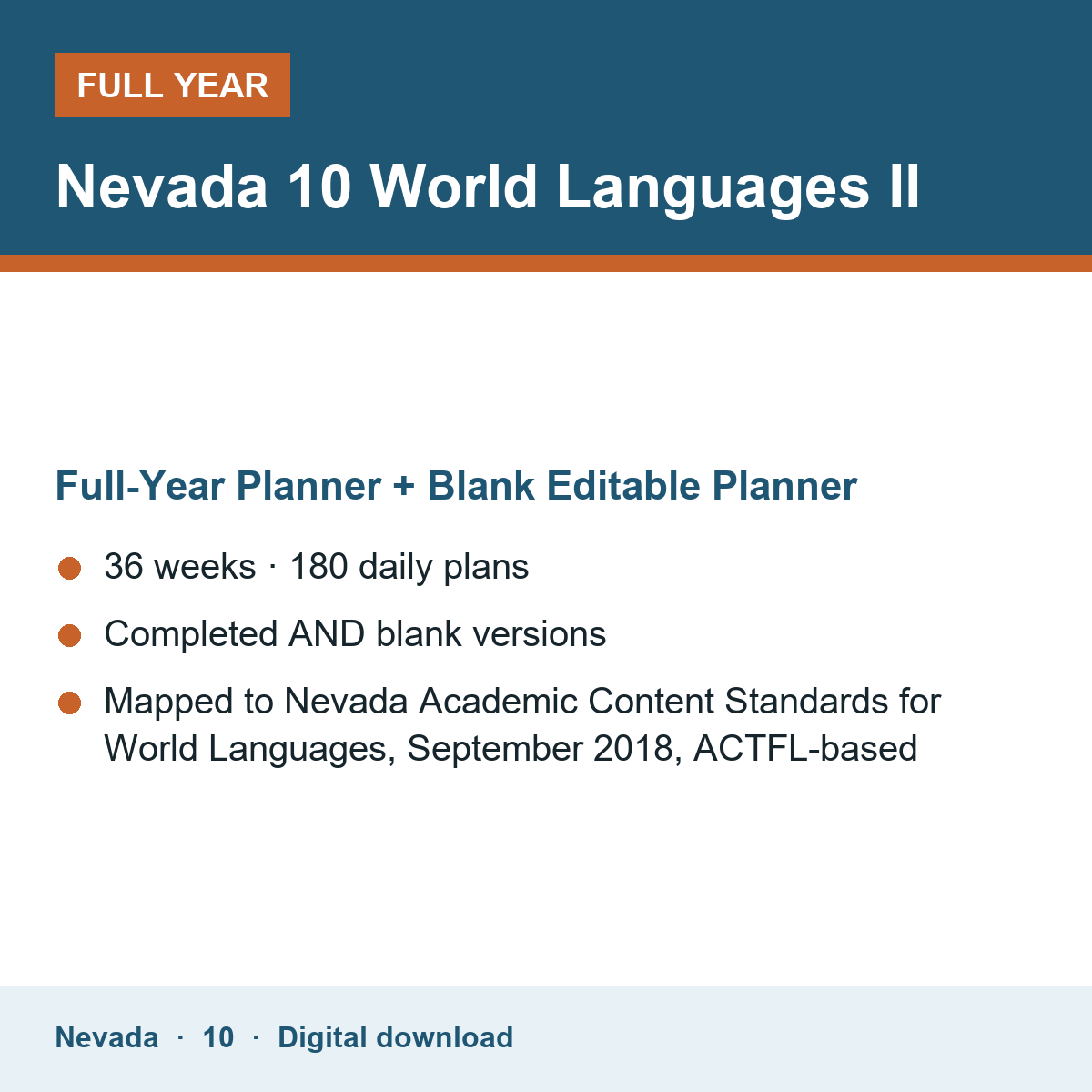 Cover of the Nevada Grade 10 World Languages II full-year teacher planner