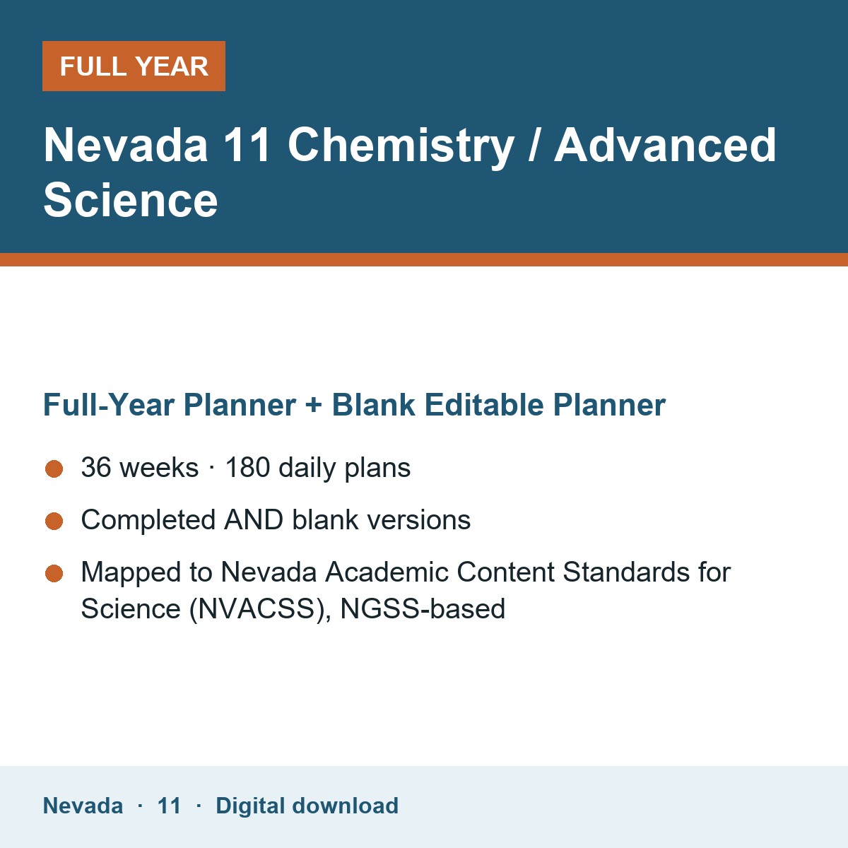 Cover of the Nevada Grade 11 Chemistry / Advanced Science full-year teacher planner