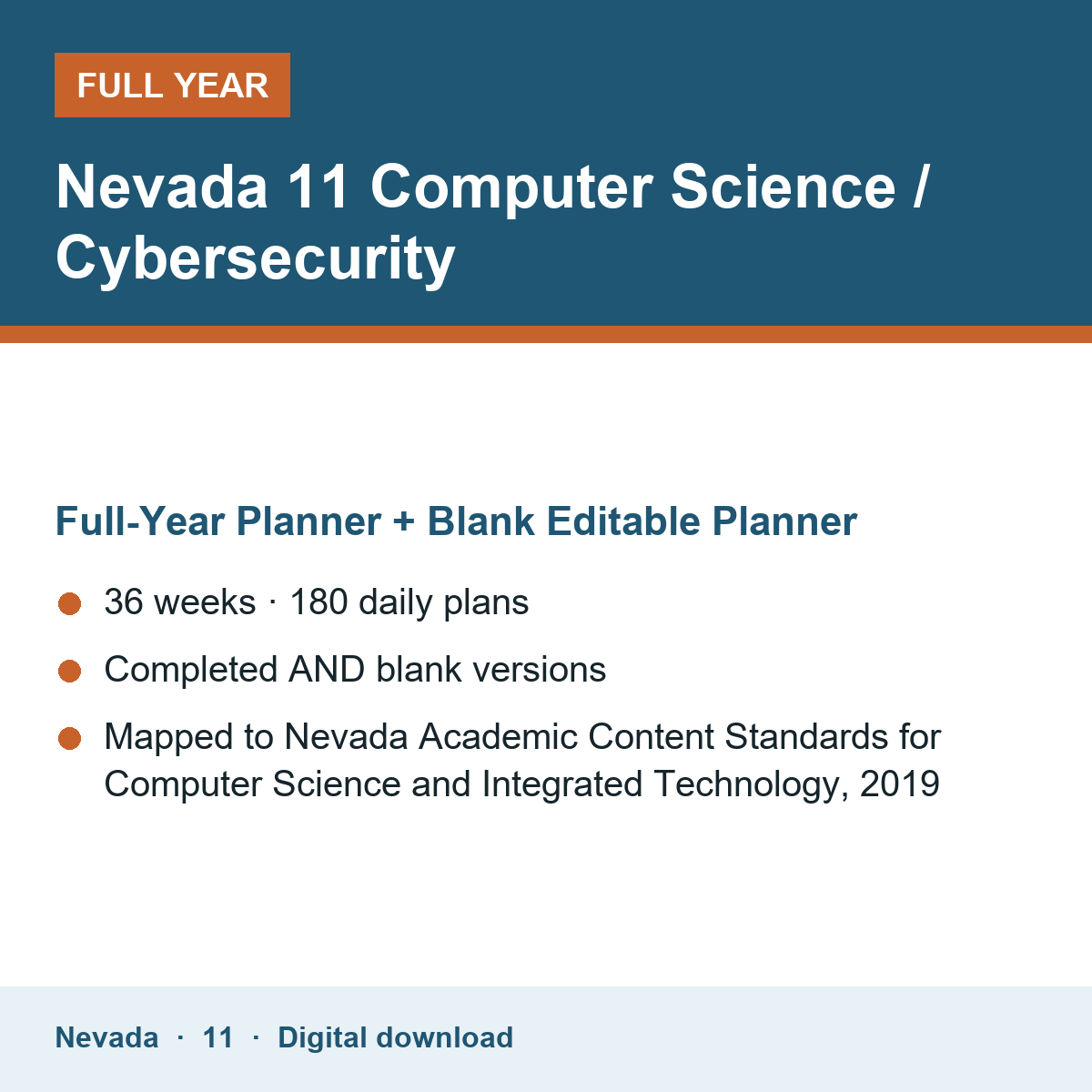 Cover of the Nevada Grade 11 Computer Science / Cybersecurity full-year teacher planner