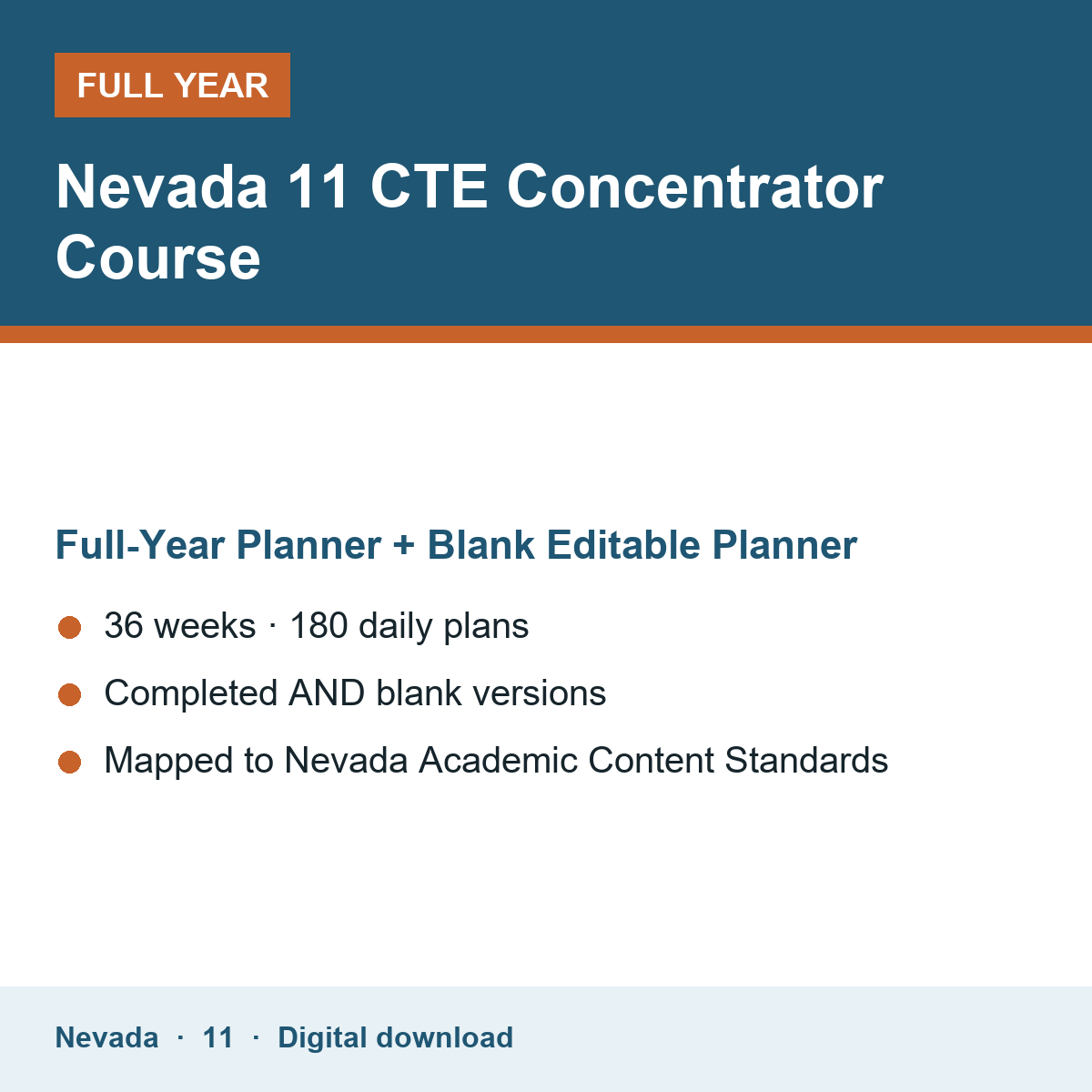 Cover of the Nevada Grade 11 CTE Concentrator Course full-year teacher planner