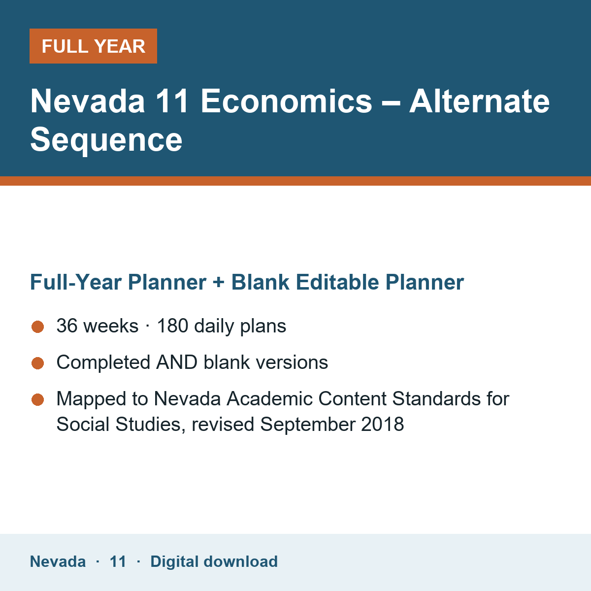Cover of the Nevada Grade 11 Economics – Alternate Sequence full-year teacher planner