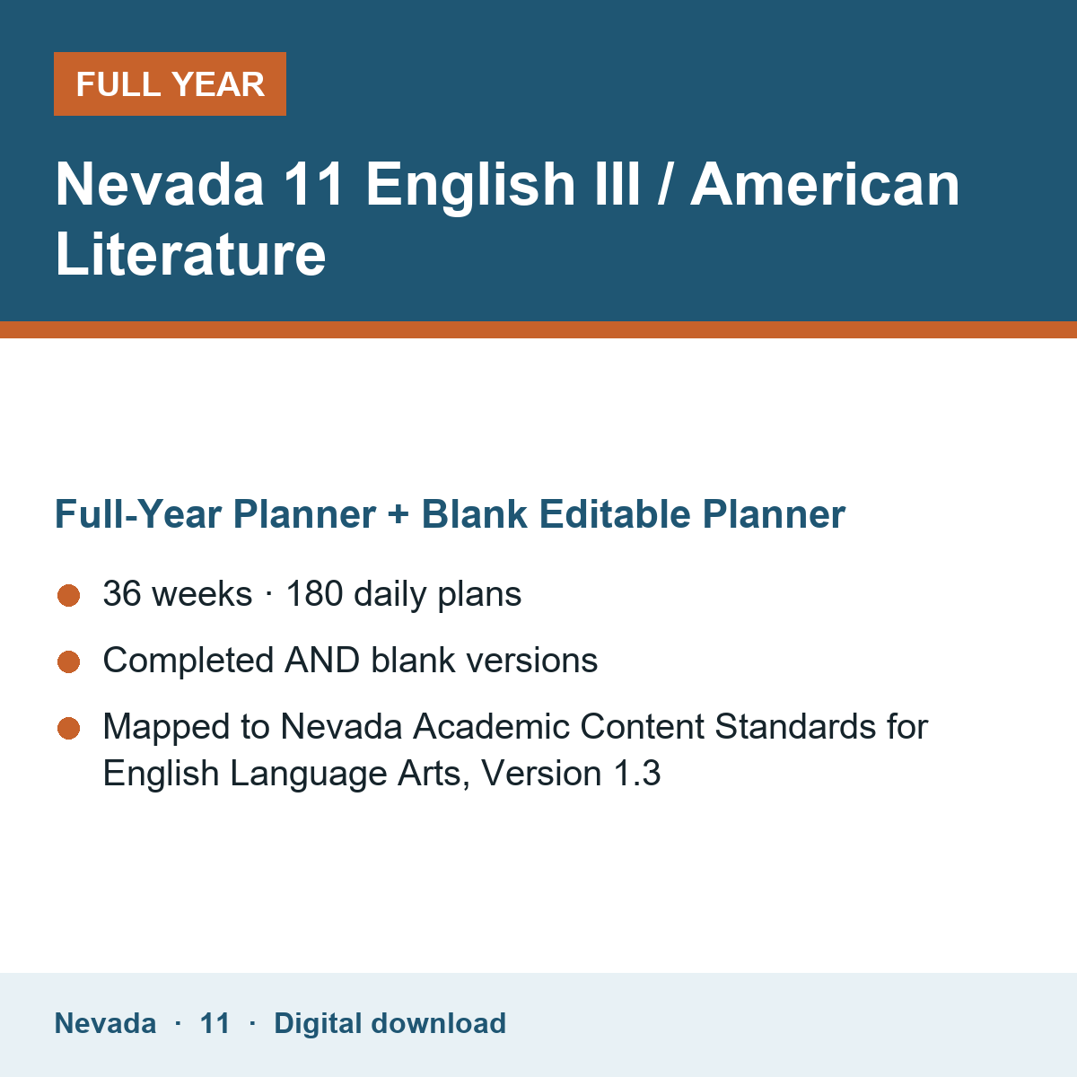 Cover of the Nevada Grade 11 English III / American Literature full-year teacher planner