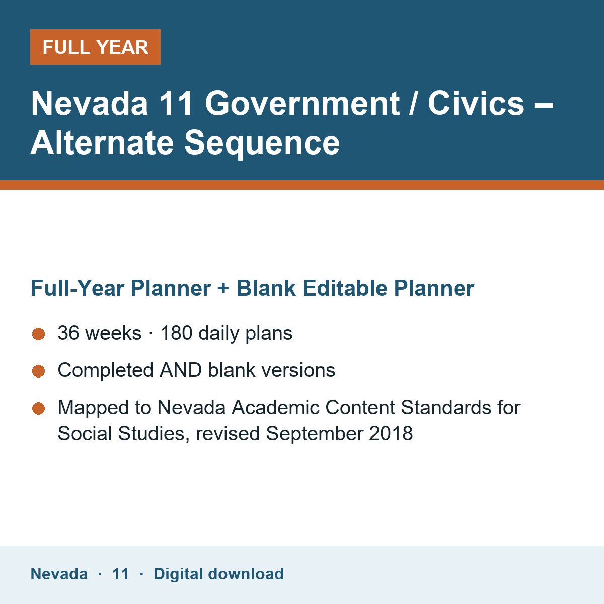 Cover of the Nevada Grade 11 Government / Civics – Alternate Sequence full-year teacher planner