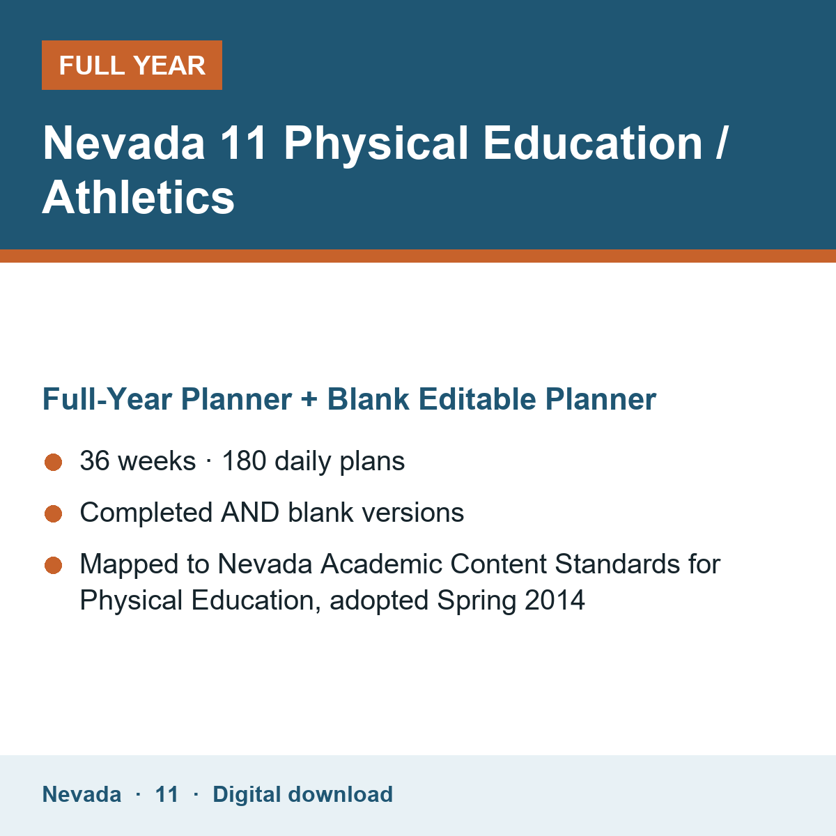 Cover of the Nevada Grade 11 Physical Education / Athletics full-year teacher planner