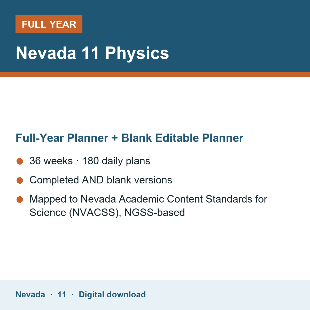 Cover of the Nevada Grade 11 Physics full-year teacher planner