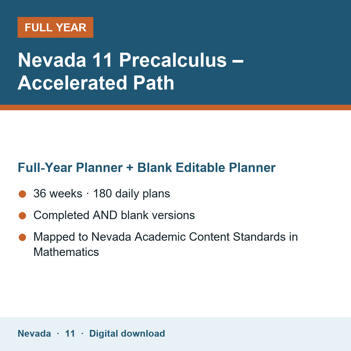 Cover of the Nevada Grade 11 Precalculus – Accelerated Path full-year teacher planner