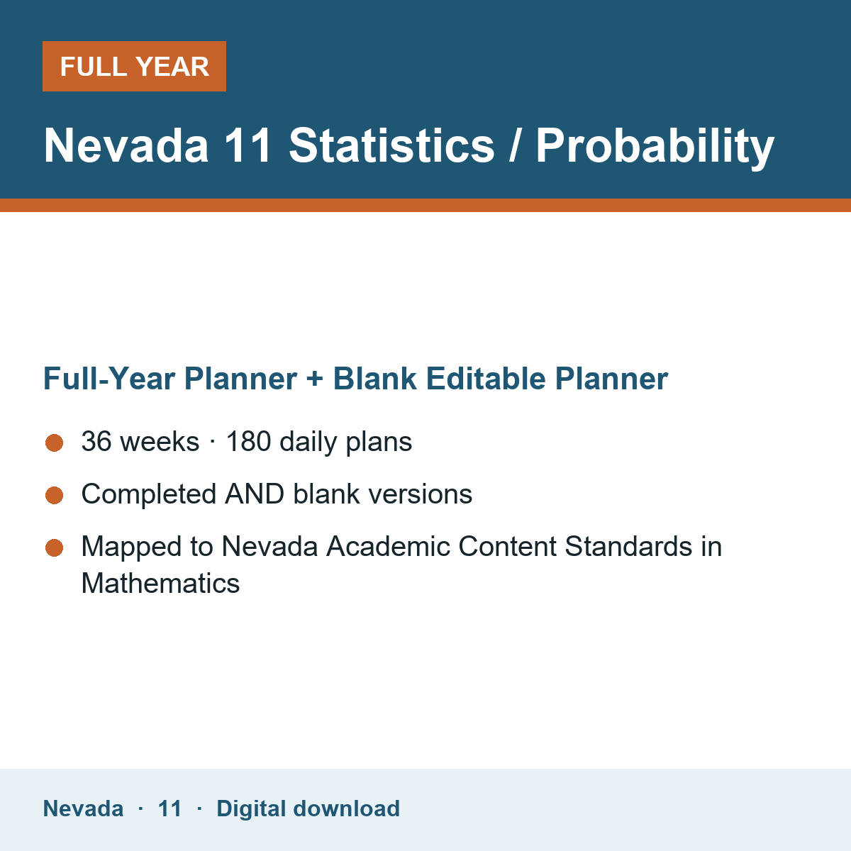 Cover of the Nevada Grade 11 Statistics / Probability full-year teacher planner