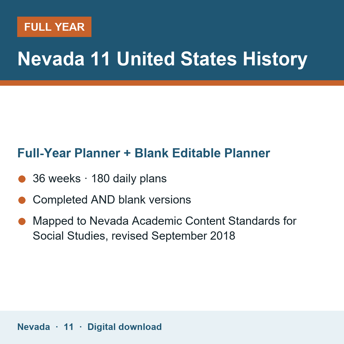 Cover of the Nevada Grade 11 United States History full-year teacher planner