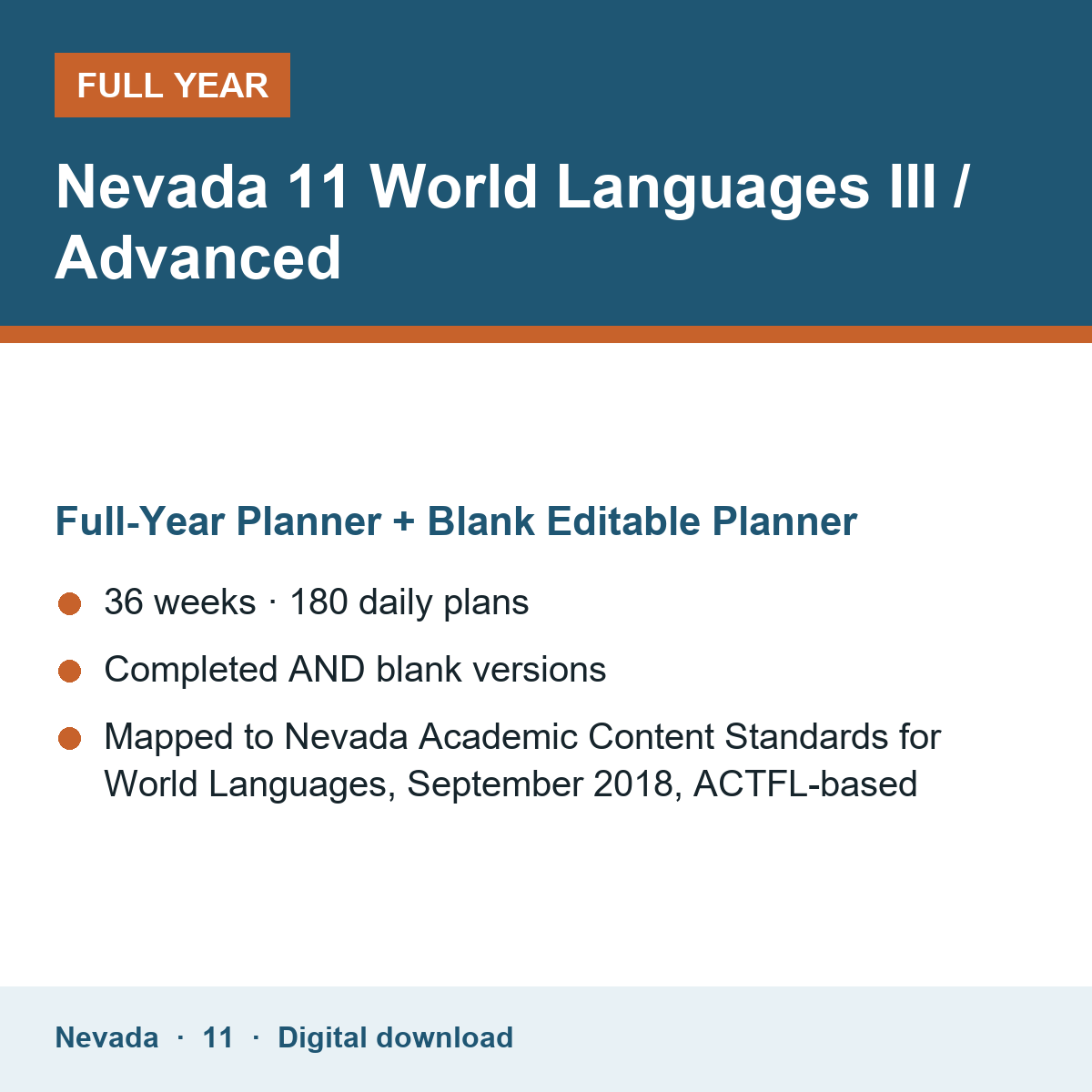 Cover of the Nevada Grade 11 World Languages III / Advanced full-year teacher planner