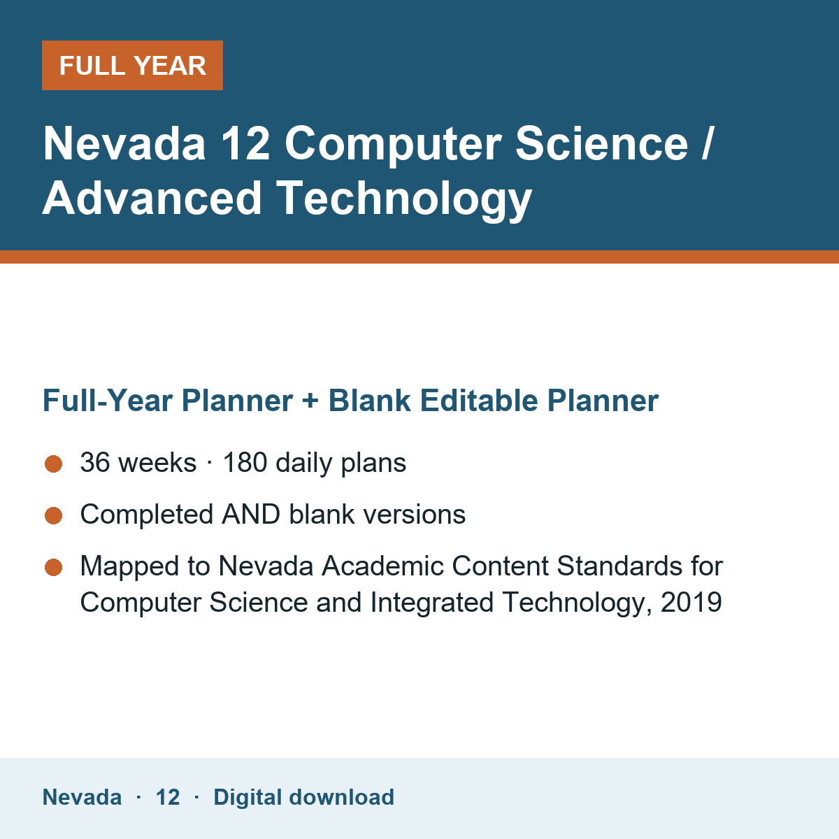 Cover of the Nevada Grade 12 Computer Science / Advanced Technology full-year teacher planner