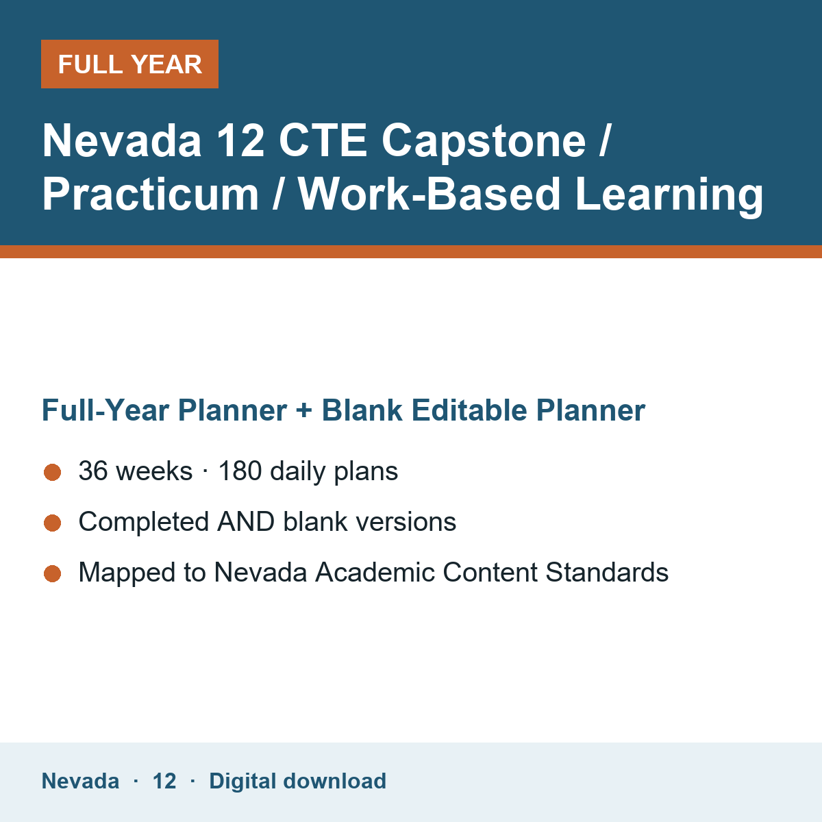 Cover of the Nevada Grade 12 CTE Capstone / Practicum / Work-Based Learning full-year teacher planner