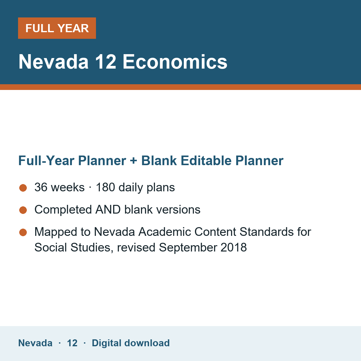Cover of the Nevada Grade 12 Economics full-year teacher planner