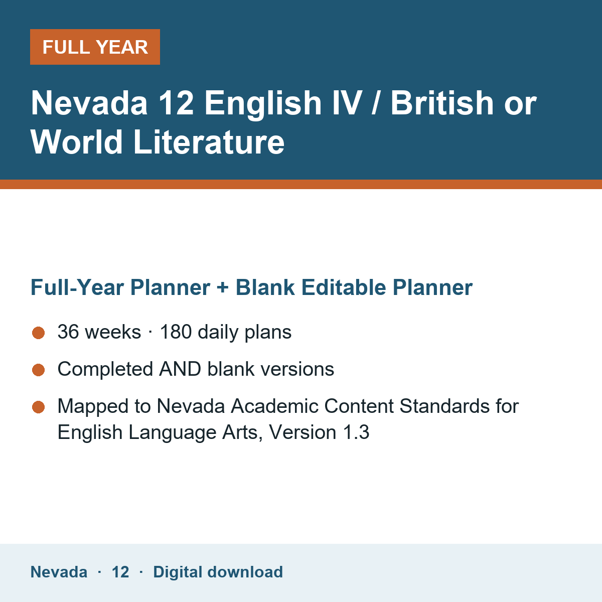 Cover of the Nevada Grade 12 English IV / British or World Literature full-year teacher planner