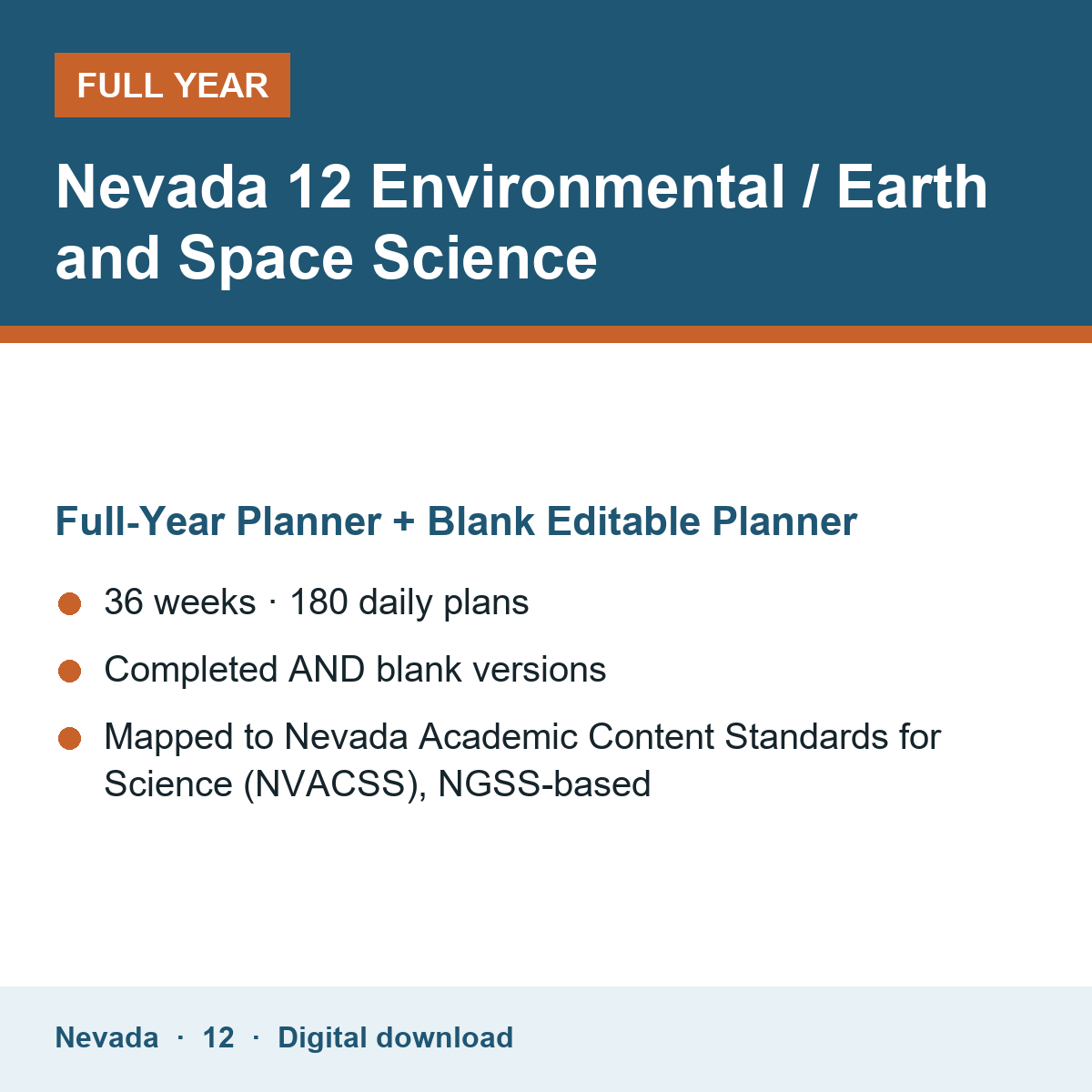 Cover of the Nevada Grade 12 Environmental / Earth and Space Science full-year teacher planner