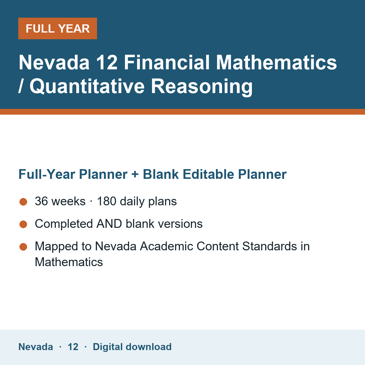 Cover of the Nevada Grade 12 Financial Mathematics / Quantitative Reasoning full-year teacher planner
