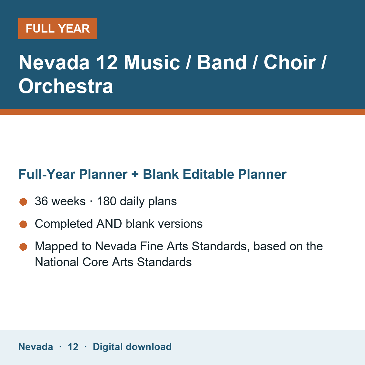 Cover of the Nevada Grade 12 Music / Band / Choir / Orchestra full-year teacher planner