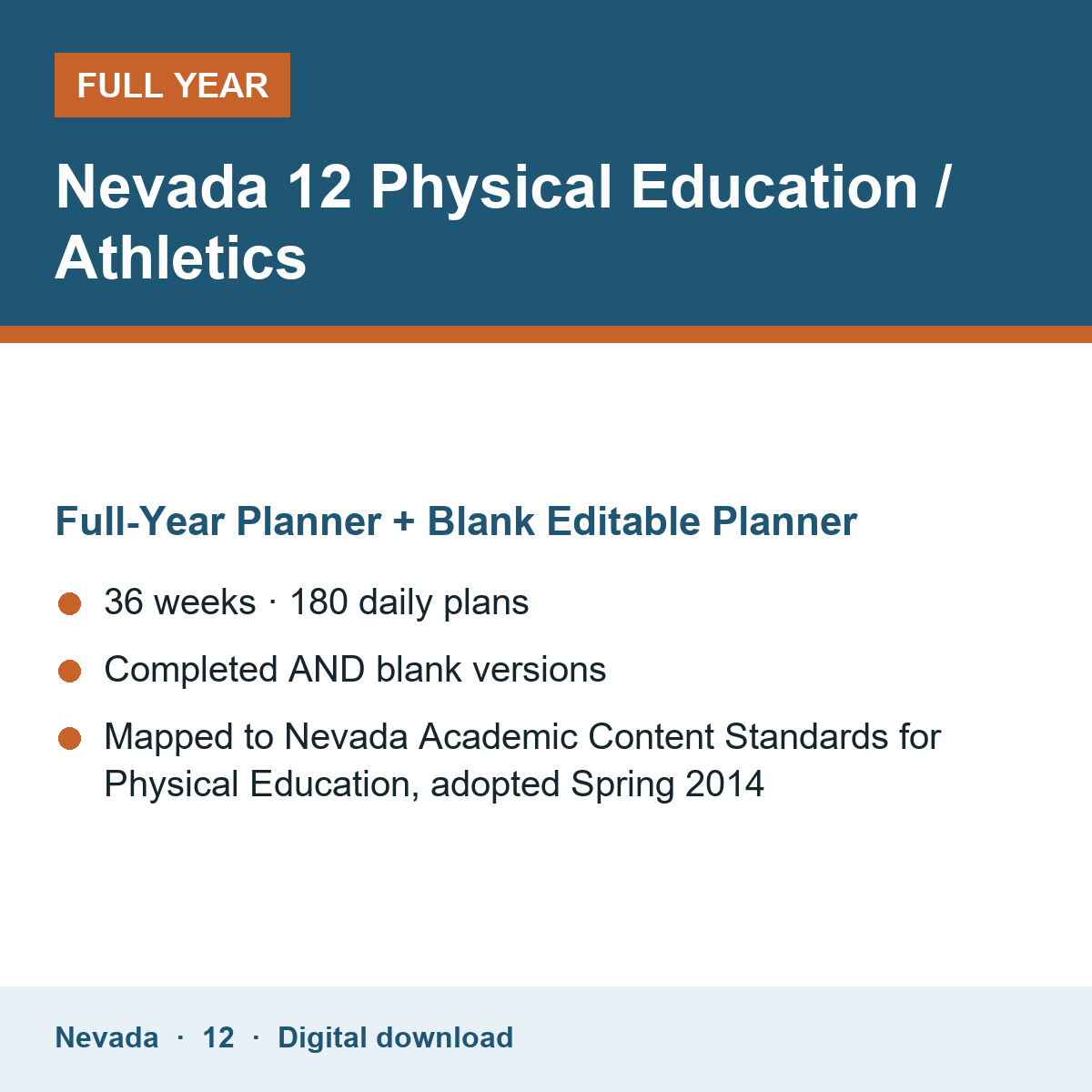 Cover of the Nevada Grade 12 Physical Education / Athletics full-year teacher planner