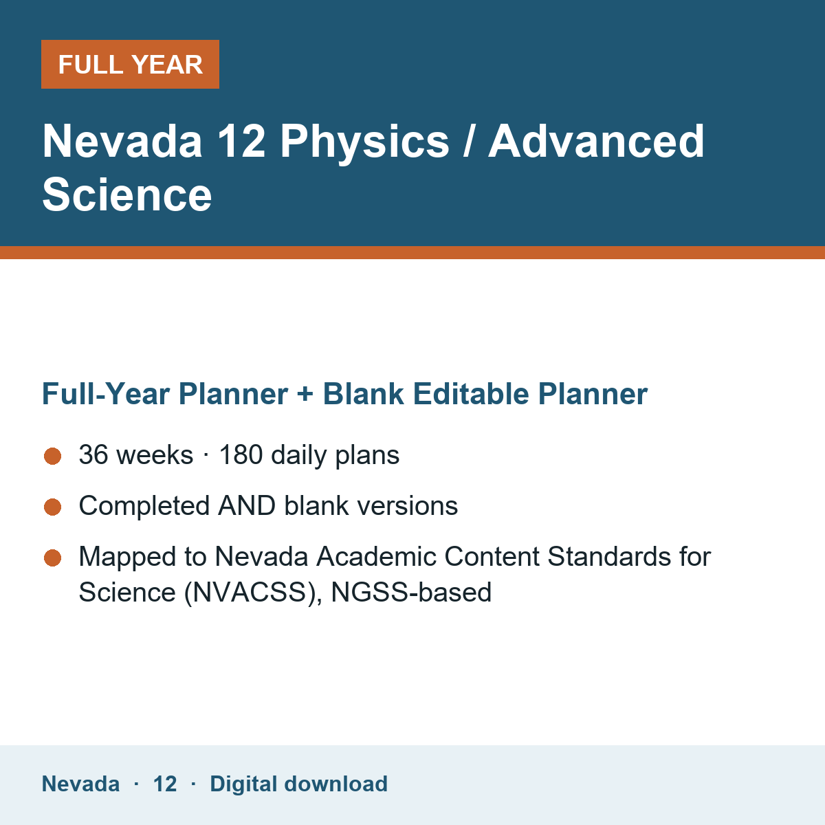 Cover of the Nevada Grade 12 Physics / Advanced Science full-year teacher planner