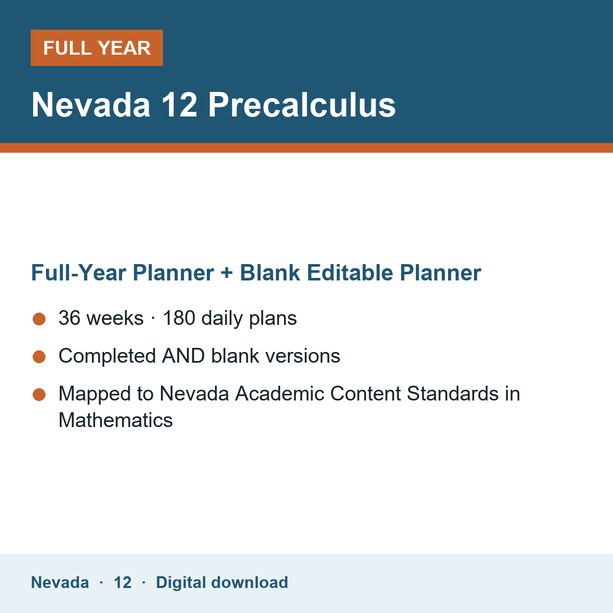 Cover of the Nevada Grade 12 Precalculus full-year teacher planner