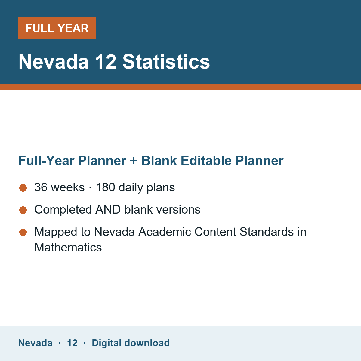 Cover of the Nevada Grade 12 Statistics full-year teacher planner