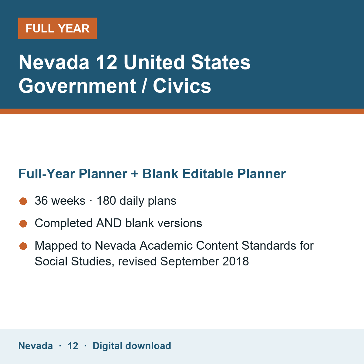 Cover of the Nevada Grade 12 United States Government / Civics full-year teacher planner
