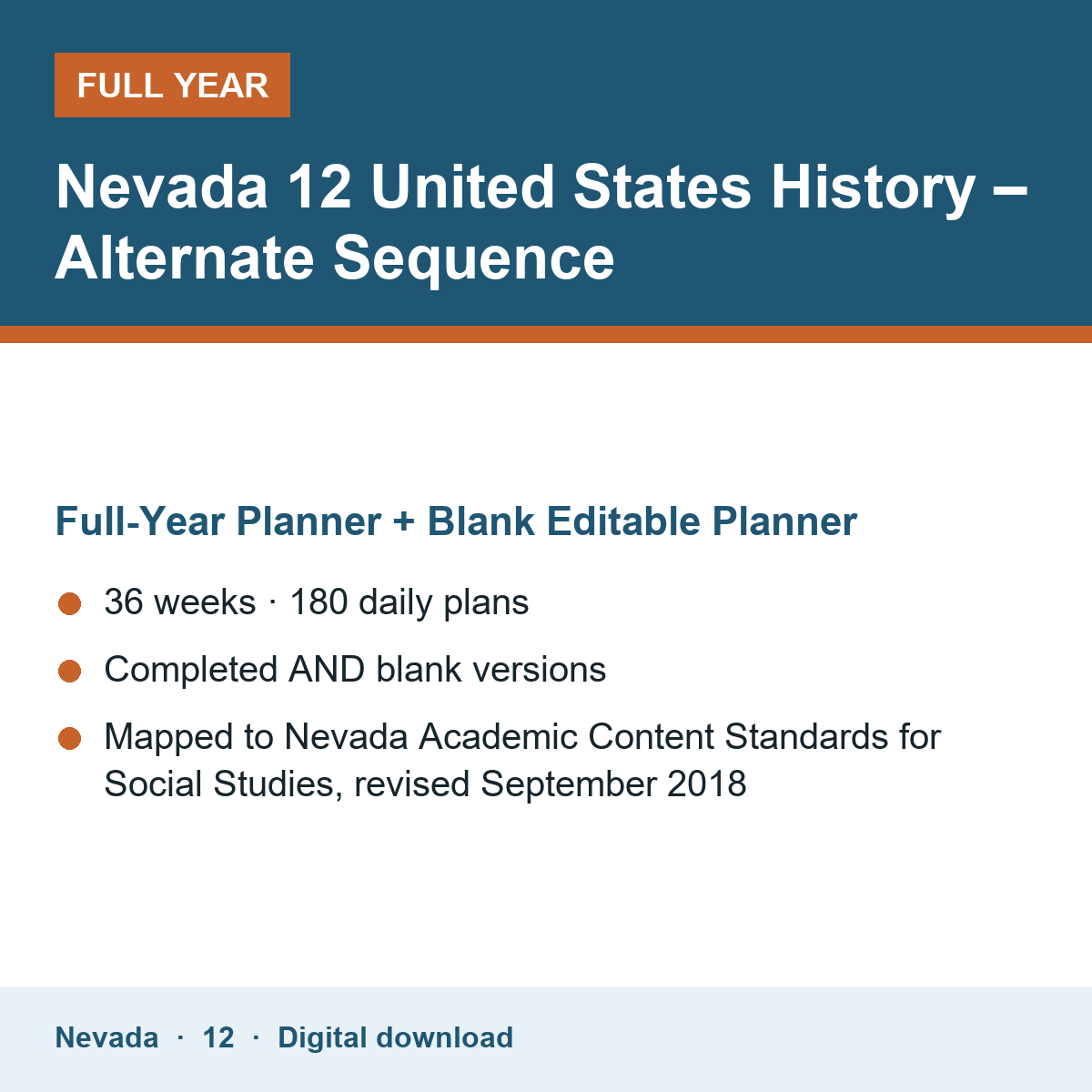 Cover of the Nevada Grade 12 United States History – Alternate Sequence full-year teacher planner