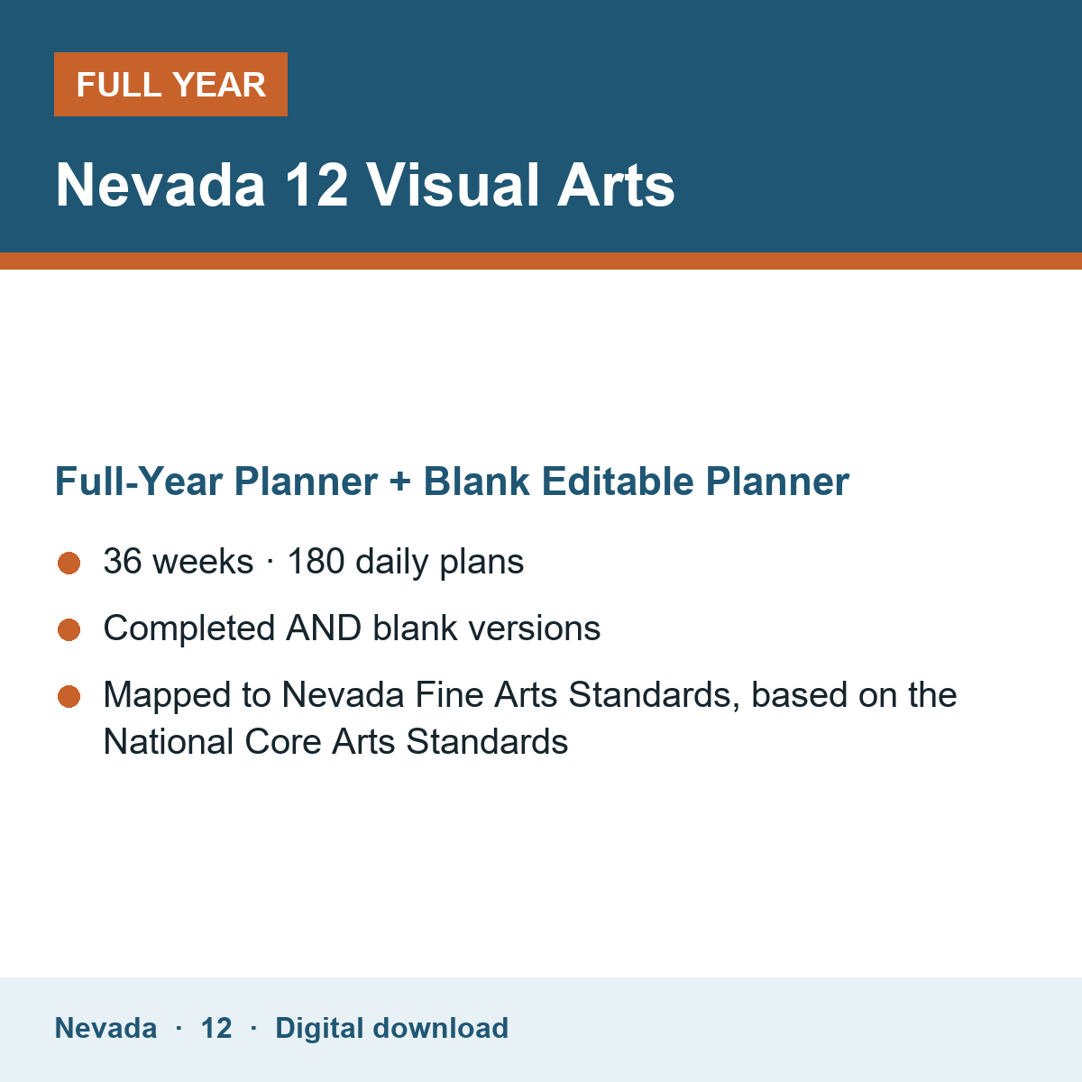 Cover of the Nevada Grade 12 Visual Arts full-year teacher planner