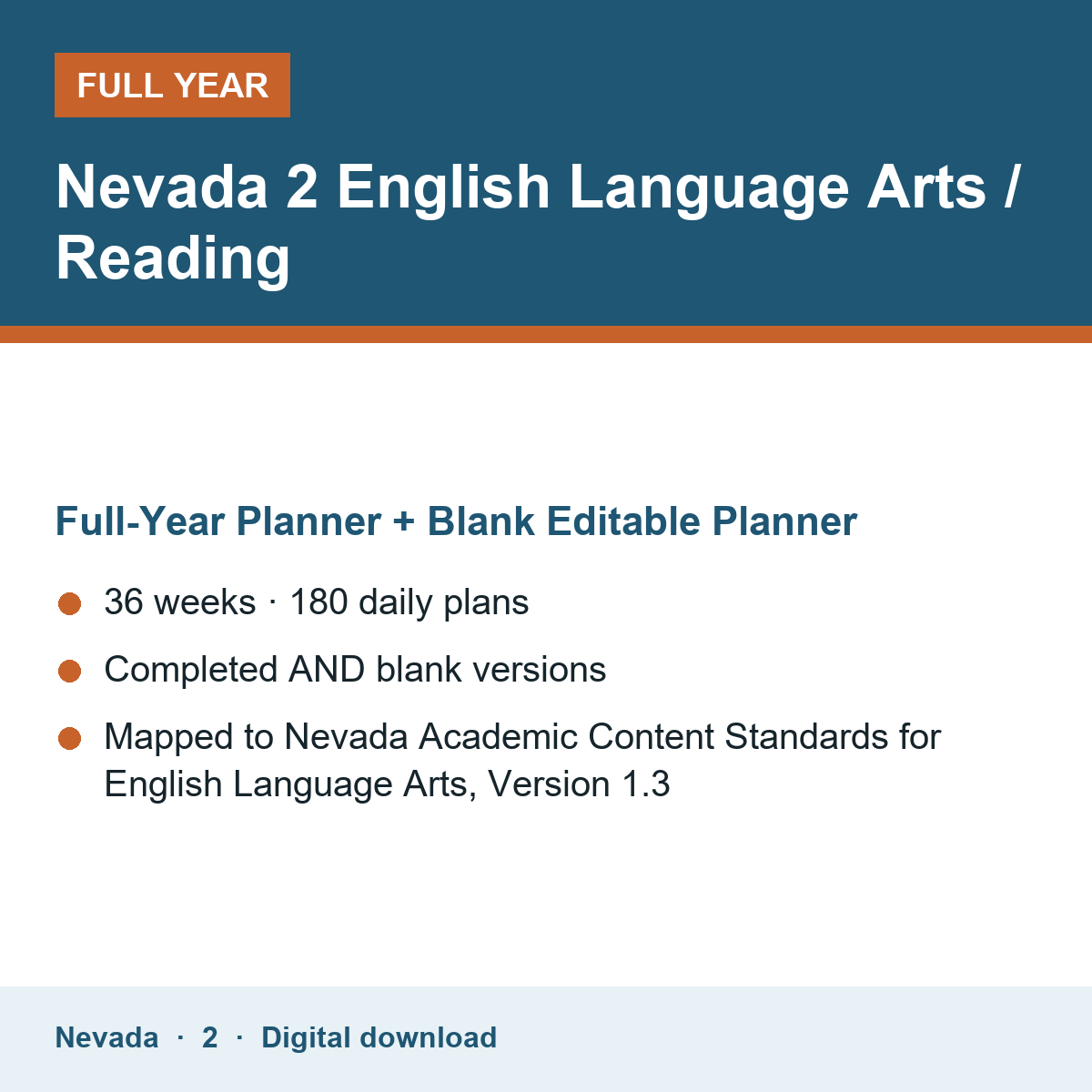 Cover of the Nevada Grade 2 English Language Arts / Reading full-year teacher planner