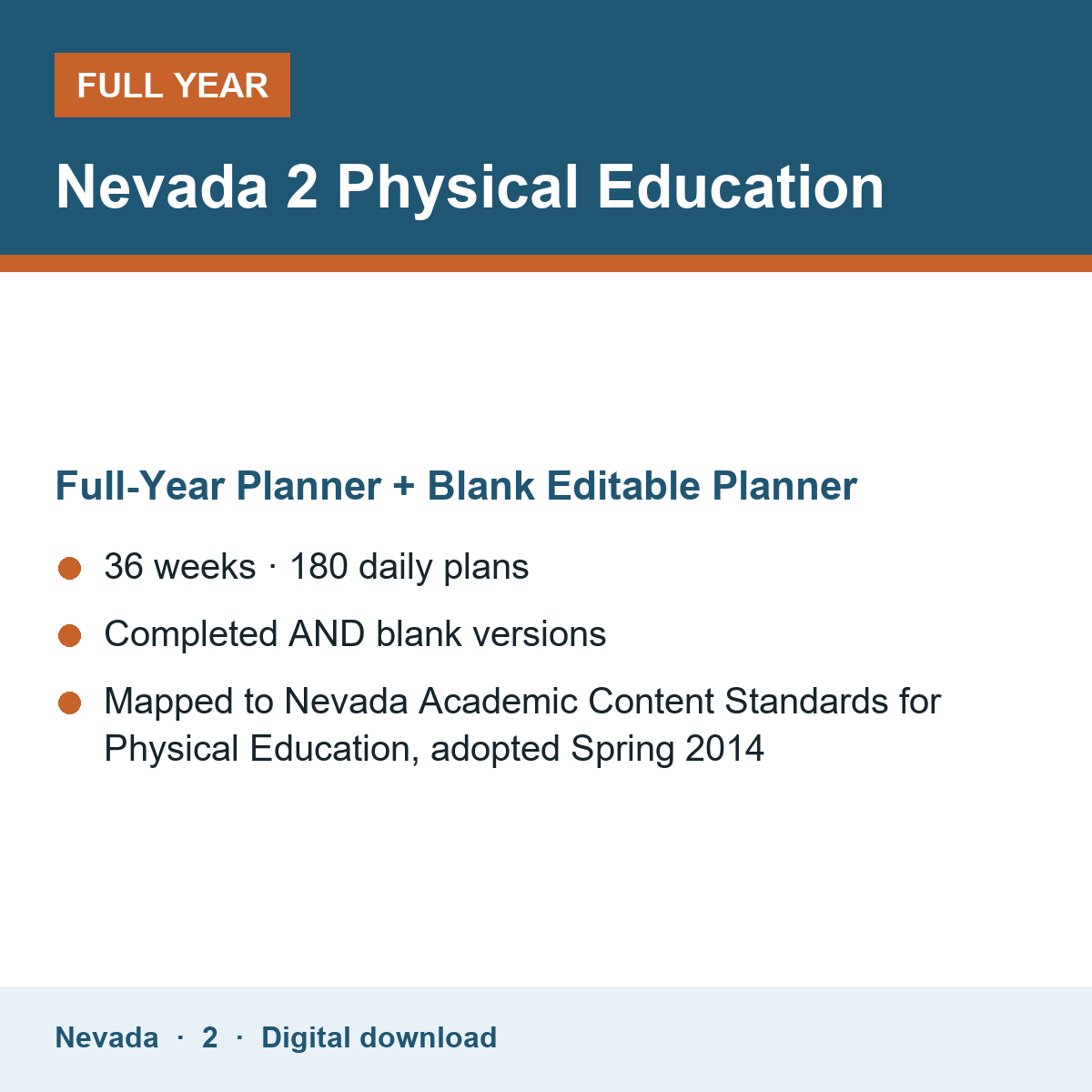 Cover of the Nevada Grade 2 Physical Education full-year teacher planner