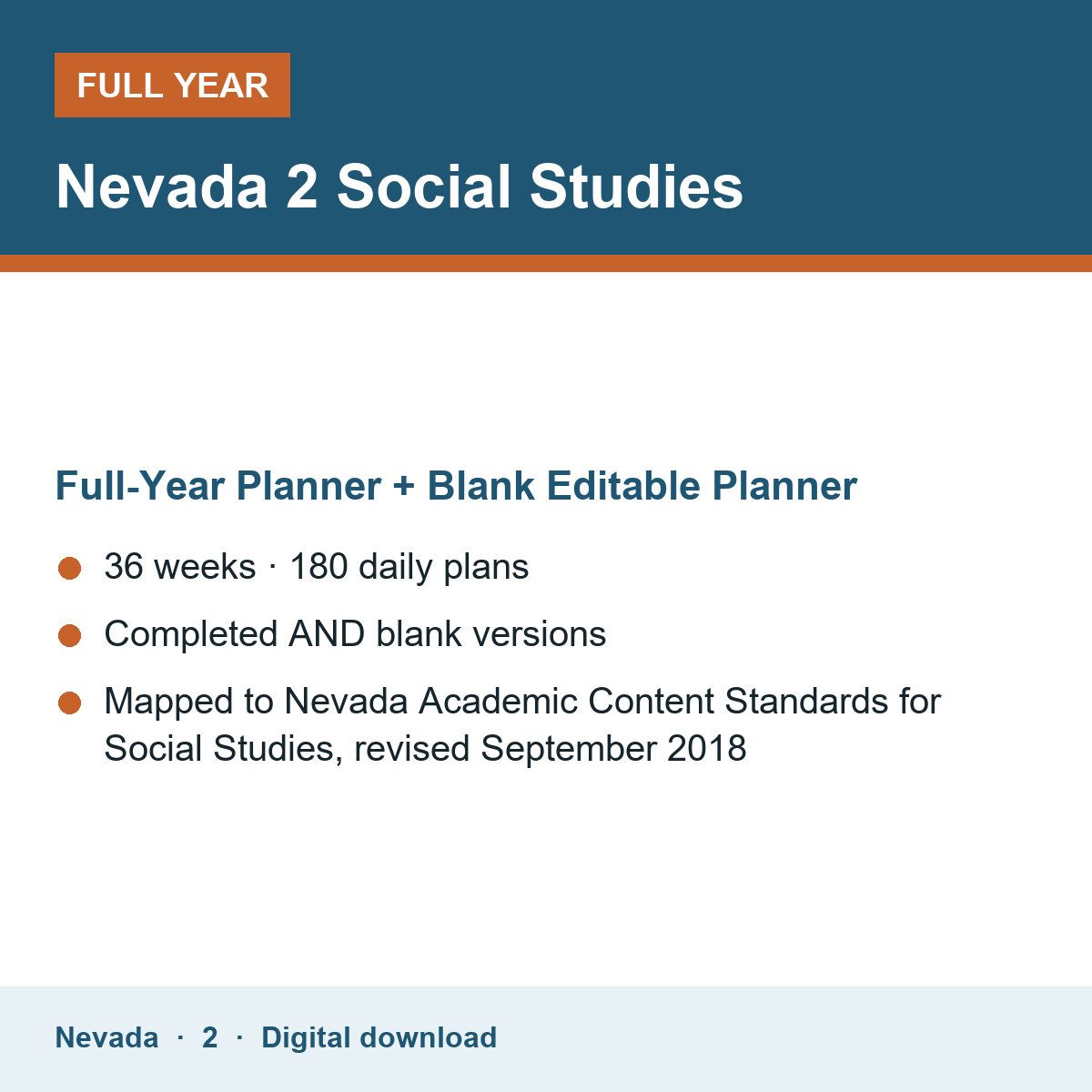 Cover of the Nevada Grade 2 Social Studies full-year teacher planner