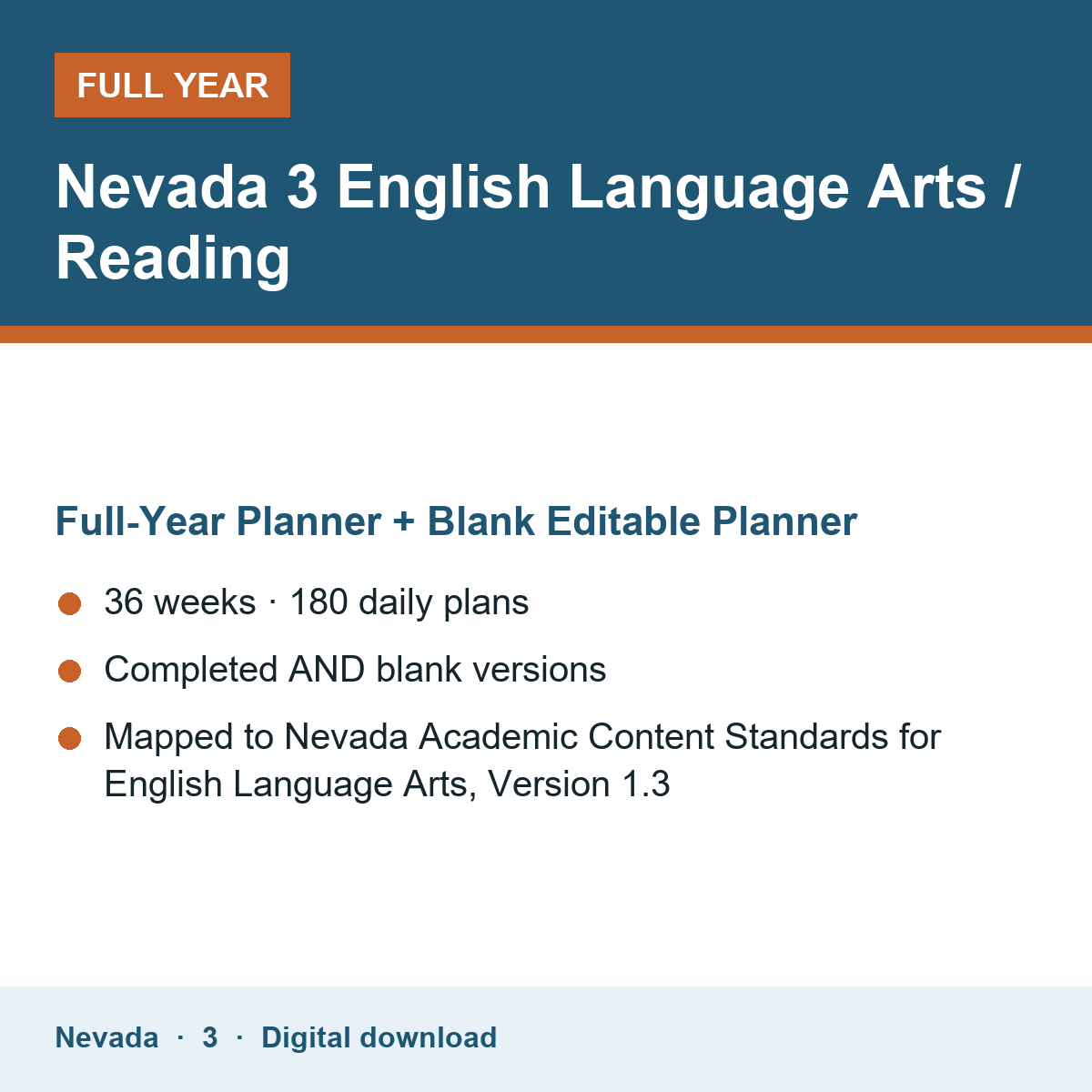 Cover of the Nevada Grade 3 English Language Arts / Reading full-year teacher planner