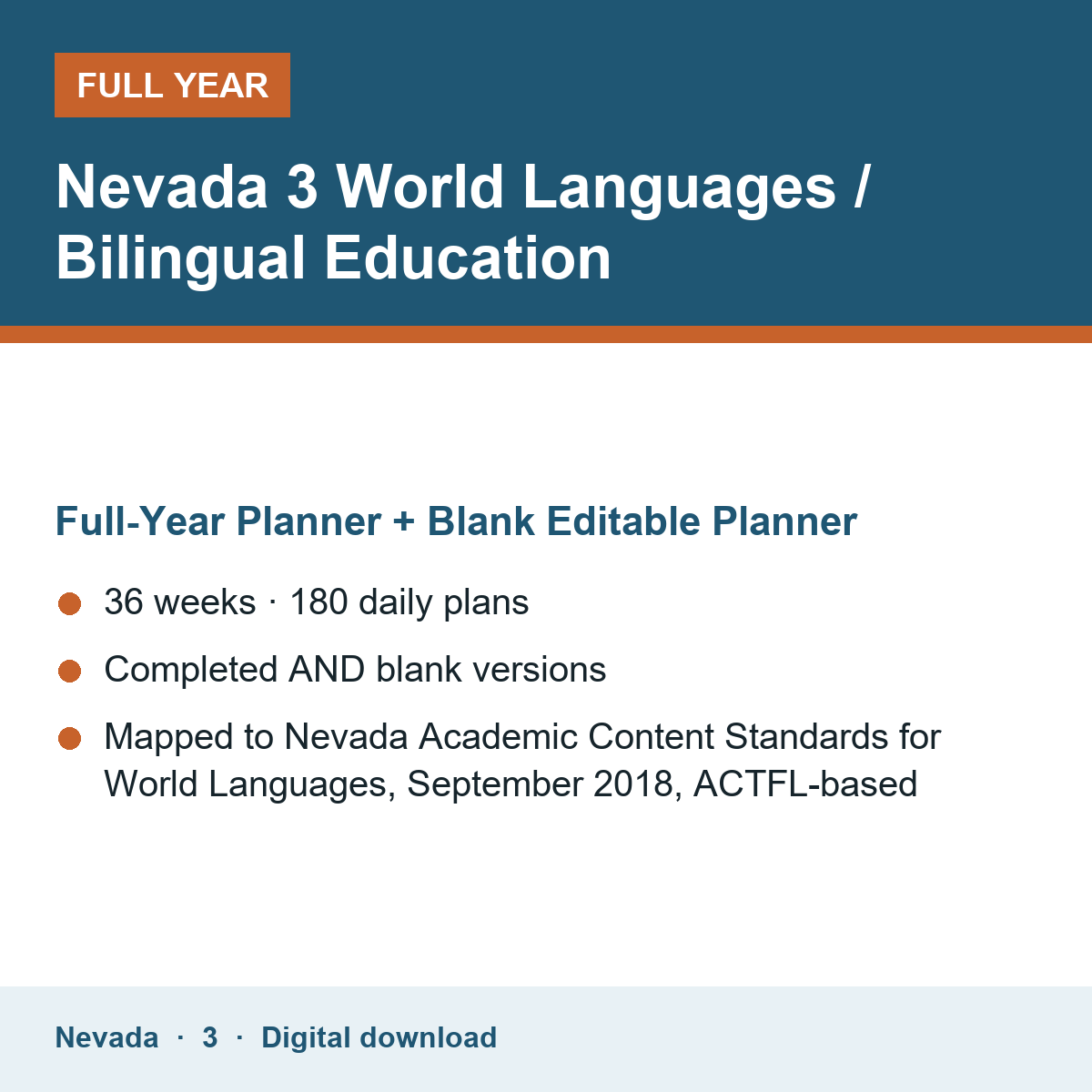 Cover of the Nevada Grade 3 World Languages / Bilingual Education full-year teacher planner
