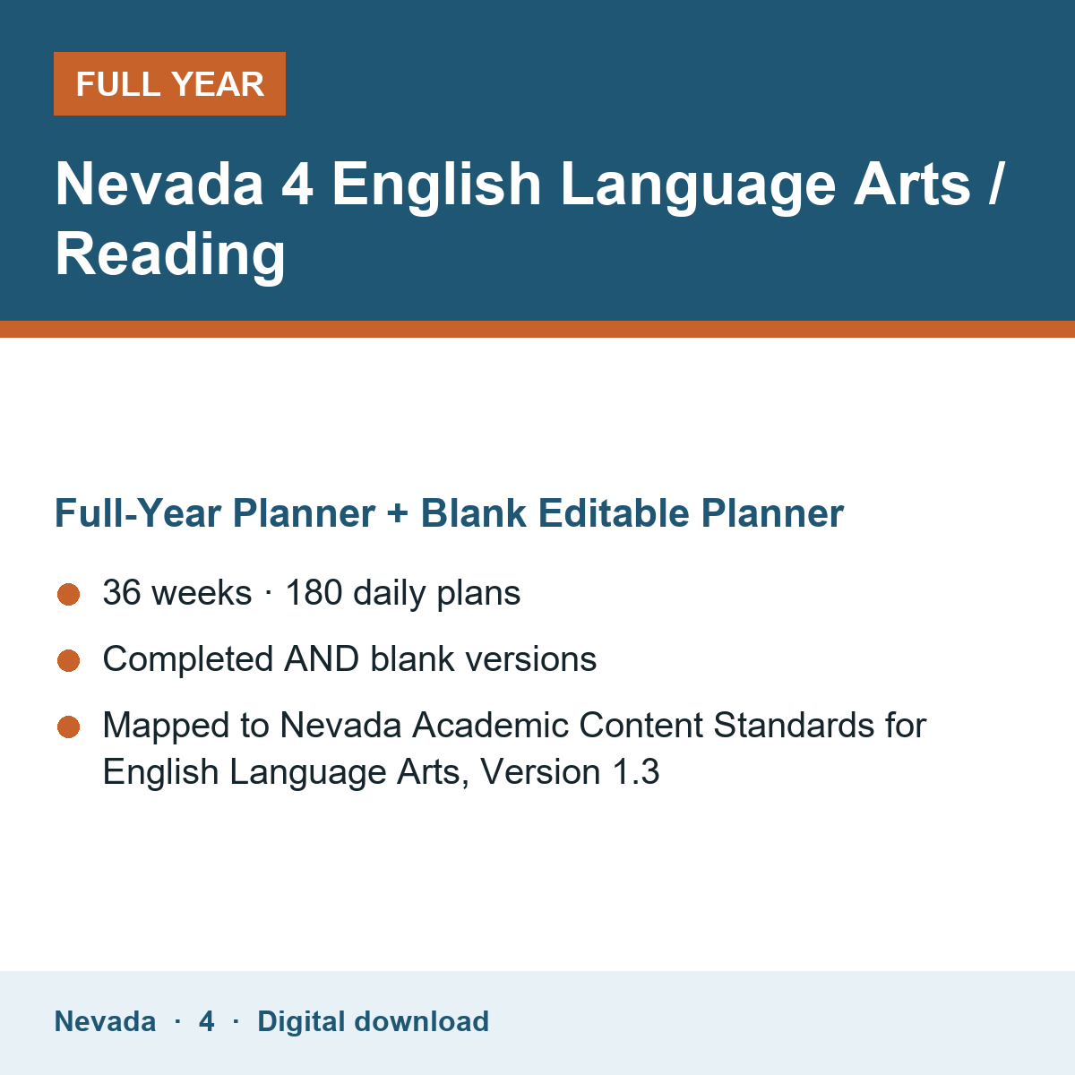 Cover of the Nevada Grade 4 English Language Arts / Reading full-year teacher planner