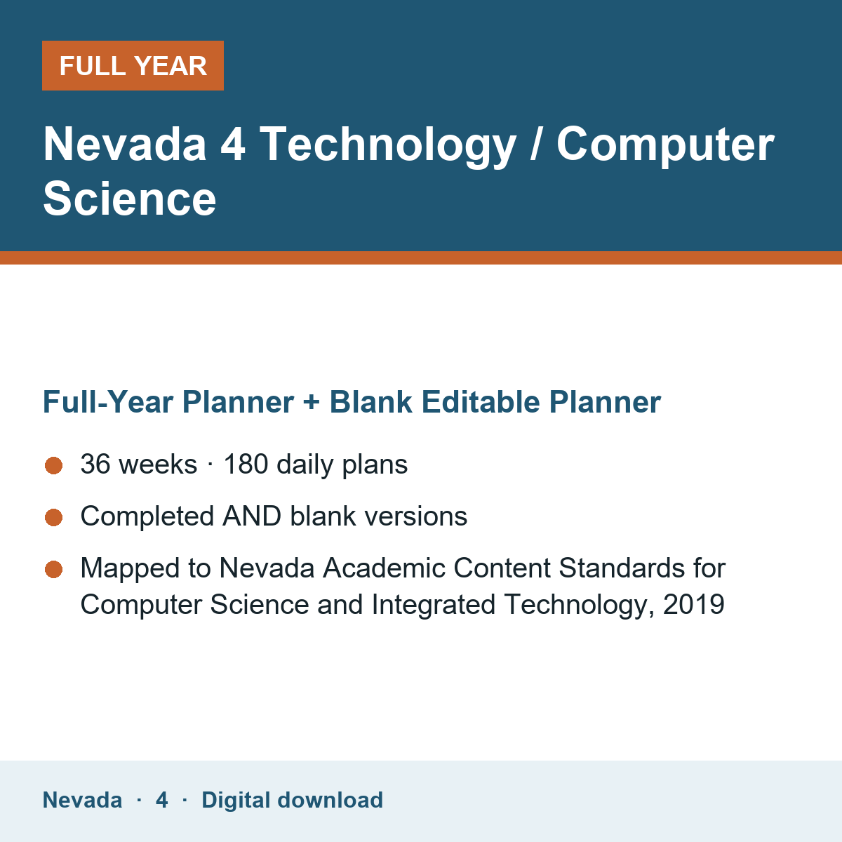 Cover of the Nevada Grade 4 Technology / Computer Science full-year teacher planner