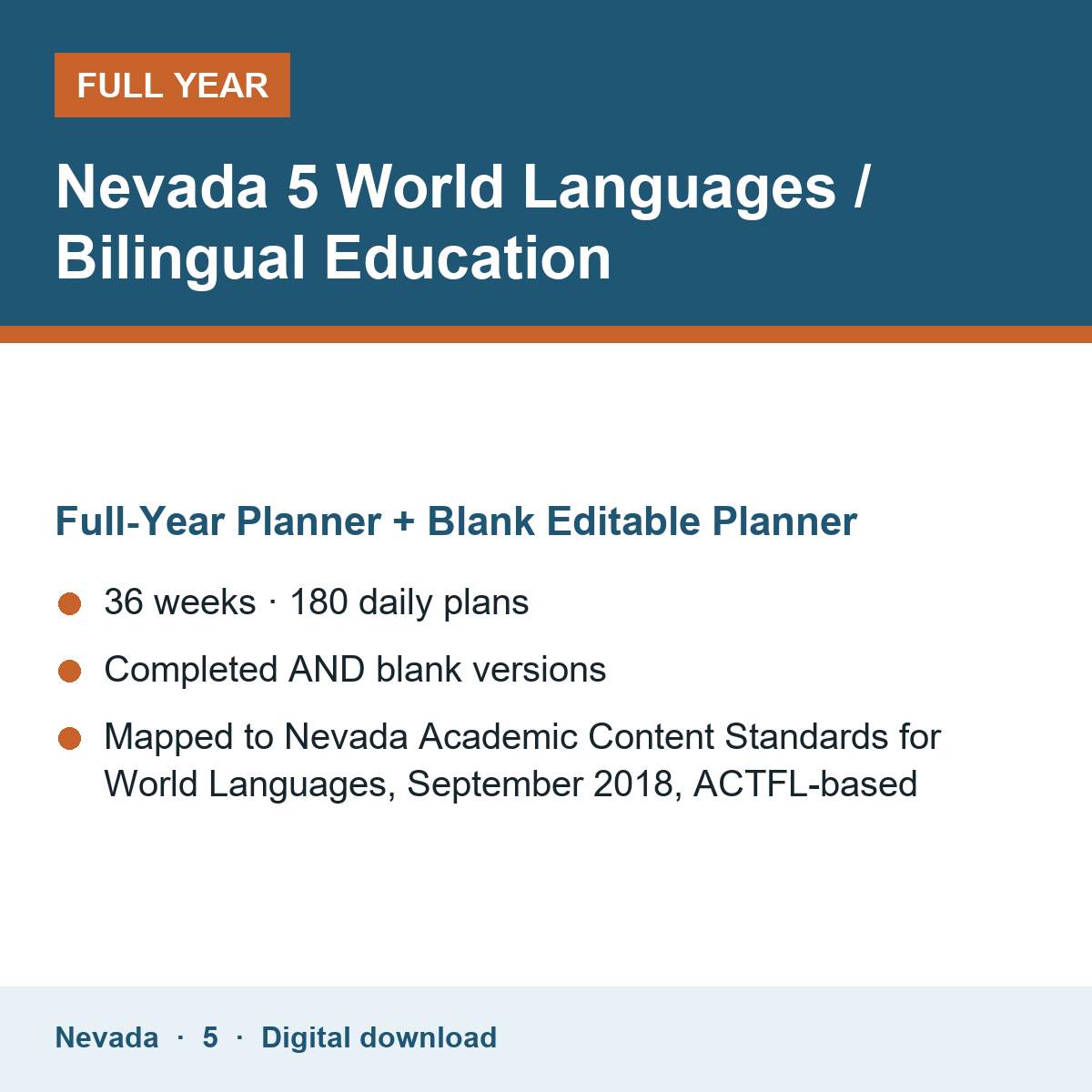 Cover of the Nevada Grade 5 World Languages / Bilingual Education full-year teacher planner