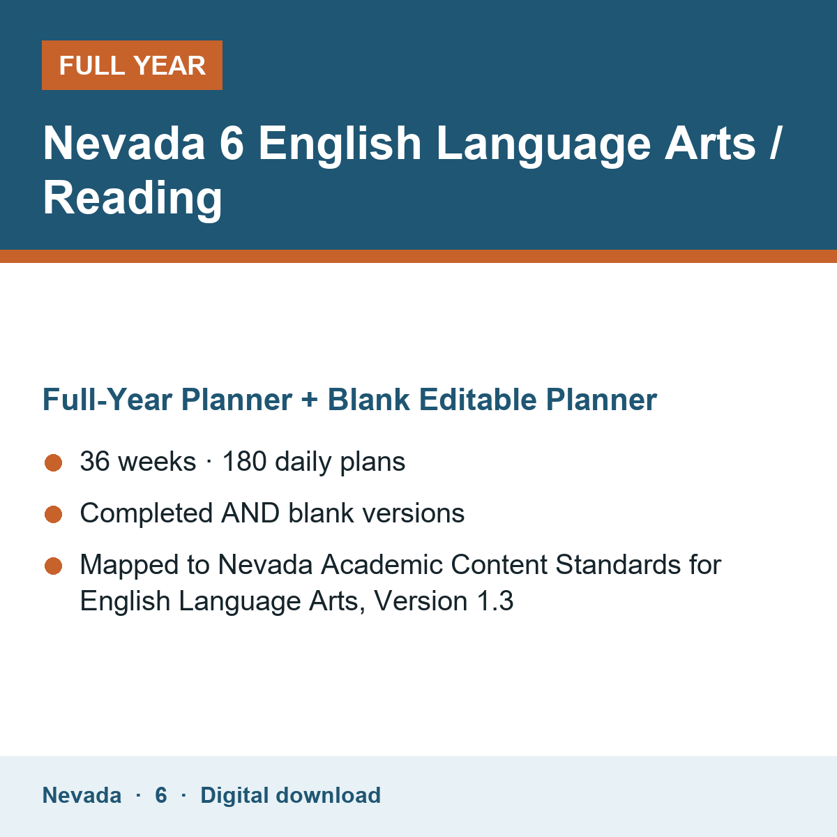 Cover of the Nevada Grade 6 English Language Arts / Reading full-year teacher planner