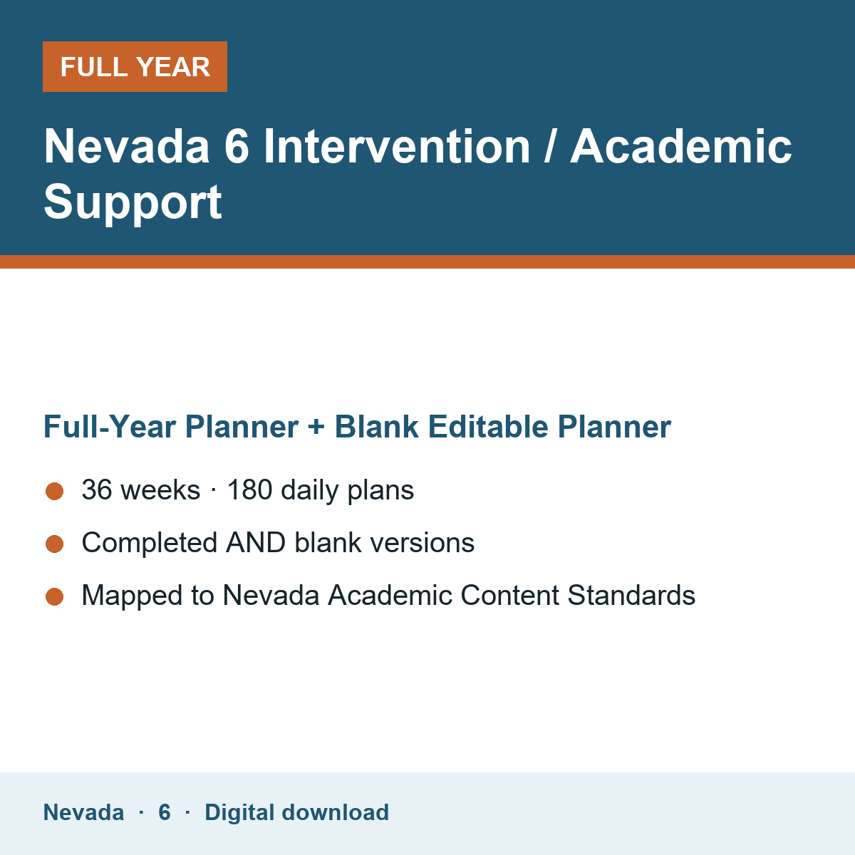 Cover of the Nevada Grade 6 Intervention / Academic Support full-year teacher planner